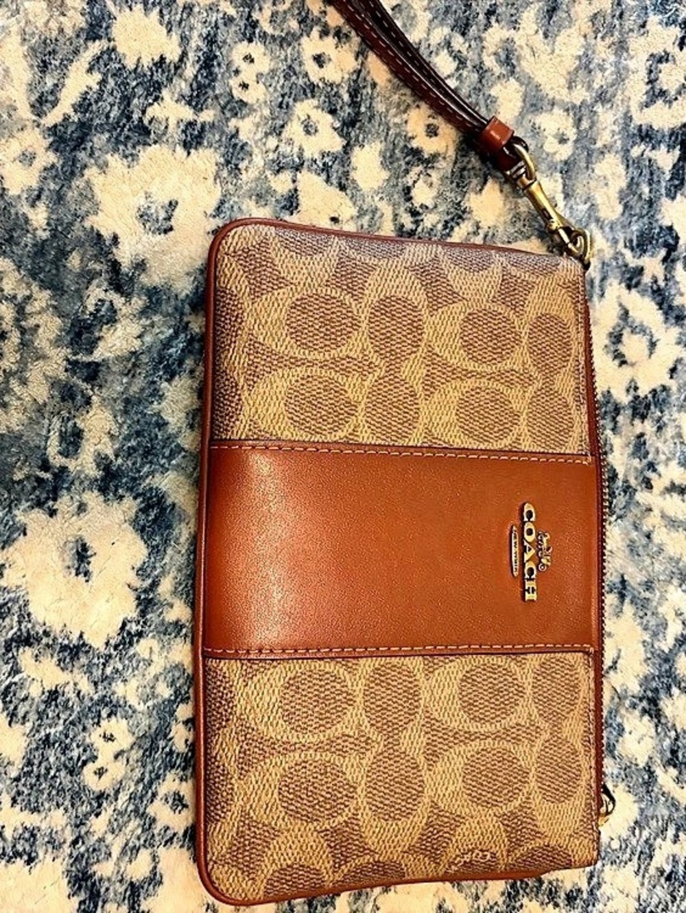 Coach Corner Zip Wristlet In Signature Canvas With Stripe Brown & Tan
